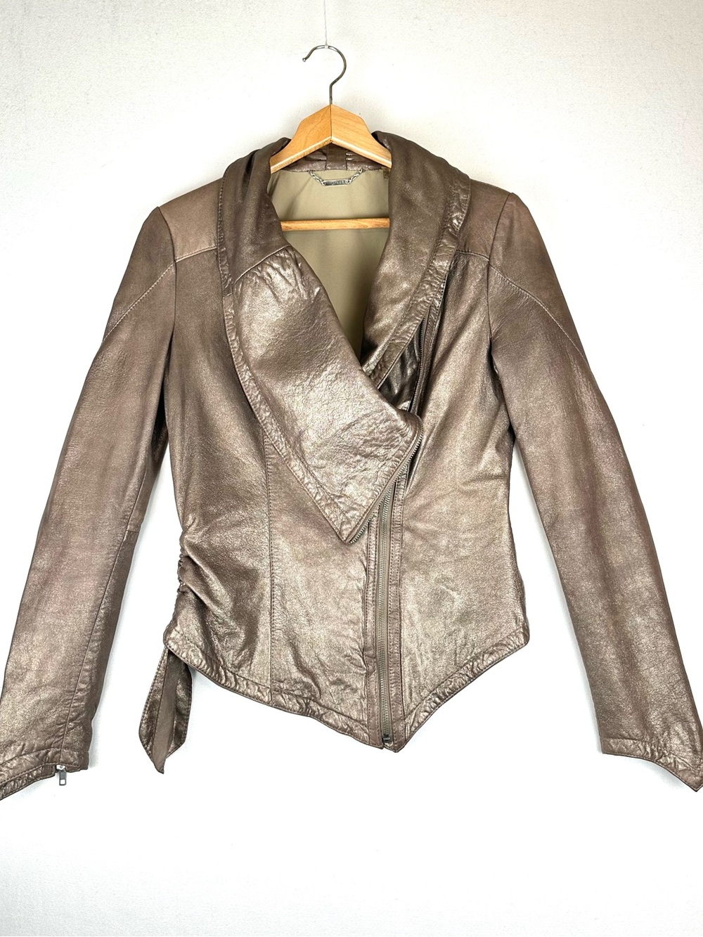 Corson Metallic Bronze Lambskin Leather Moto‎ Jacket Side Tie